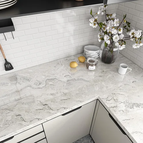 Miniatura 3 de VEELIKE Papel de contacto de mármol beige plateado brillante para encimeras de cocina, despegar y pegar, impermeable, 15.7 x 118 pulgadas, papel