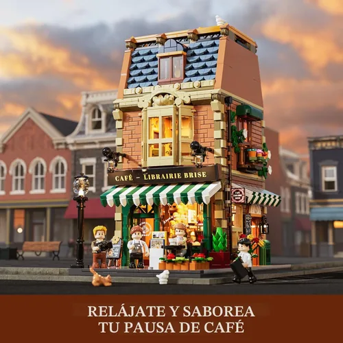 Miniatura 5 de Funwhole Set de Construcción de Café-Librería con Luces LED - Conjunto de Ladrillos de Construcción Modular de Modelo de Casa de Café de Ciudad