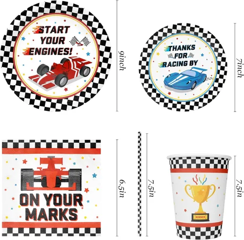 Miniatura 2 de Recheel Suministros para fiestas de coche de carreras, juego de platos y servilletas de papel con temática de carreras a cuadros para cumpleaños