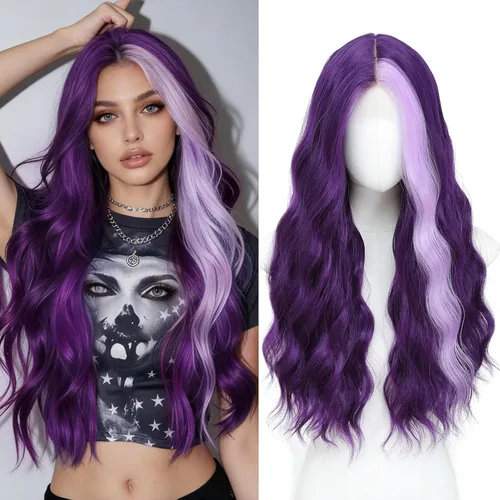 Miniatura 16 de YBYMCAI - Peluca azul larga y ondulada para mujer, parte media, peluca azul degradada de 26 pulgadas, pelo natural rizado sintético, fibra Azul