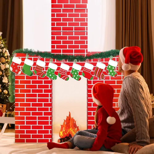 Miniatura 6 de Fullhawl 34 Piezas Chimenea de Cartón 3D de Navidad 39 x 59 Pulgadas Chimenea Artificial DIY de Navidad con Calcetín Accesorio de Llama de Fuego 3D