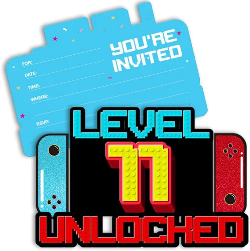 Miniatura 10 de Invitaciones de cumpleaños de videojuegos para niños de 7 años, invitaciones de cumpleaños para niños con purpurina, invitaciones de fiesta
