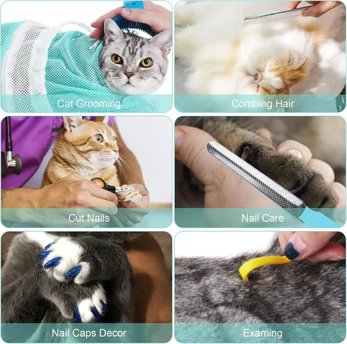 Miniatura 3 de Juego de 8 bolsas de baño para gatos con bolsa de red de ducha para gatos, cepillo ajustable para aseo de mascotas, cortaúñas, lima de uñas, peines