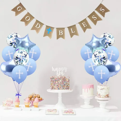 Miniatura 3 de Decoraciones de bautismo con texto en inglés "God Bless Banner", globos cruzados de confirmación para niños y primera comunión, baby shower