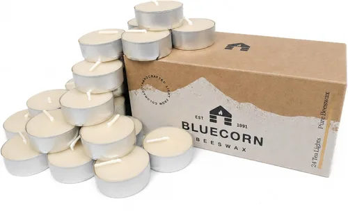 Bluecorn Beeswax Velas de té, cera de abejas natural 100% pura, velas de té blancas en tazas de metal, sin fragancia, combustión limpia, cera de