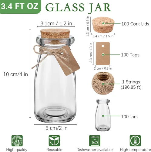 Miniatura 2 de Sieral 100 mini tarros de yogur de 3.4 onzas, botellas de vidrio pequeñas con tapas de corcho, mini botellas de poción de leche, tarros de pudín