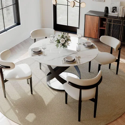 Miniatura 18 de POVISON Juego de 4 sillas de comedor redondas de lino y algodón con mesa de comedor de vidrio (mesa de comedor de 51 pulgadas + 4 sillas)
