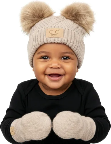 Miniatura 19 de Funky Junque Conjunto de gorro y mitones con doble pompón de pelo sintético para bebé – Gorro de invierno para recién nacidos de 0–9 meses