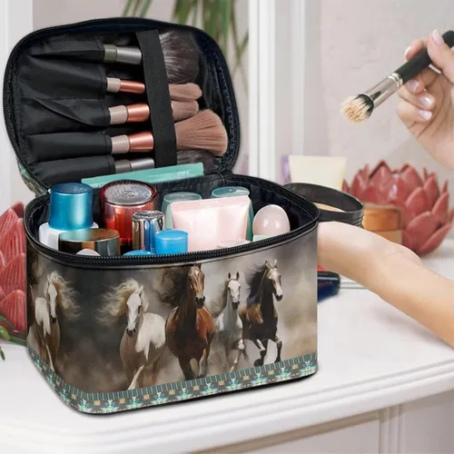Miniatura 5 de Flashideas Bolsa de maquillaje para cosméticos Almacenamiento vertical Bolsa de maquillaje de viaje de gran capacidad, Caballo Azteca 1