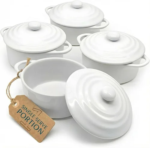 Miniatura 10 de Kook Juego de mini cocotte de cerámica, cacerolas pequeñas con tapas y asas, moldes individuales para hornear, aptos para horno, microondas