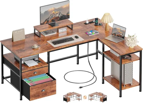 Miniatura 13 de Furologee Escritorio para computadora en forma de L con toma de corriente, escritorio reversible de oficina en casa para estudio de trabajo, mesa