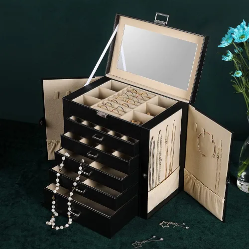 Miniatura 5 de Frebeauty Joyero grande, organizador de joyas de piel sintética de 6 niveles con cerradura, estuche de almacenamiento multifuncional con espejo