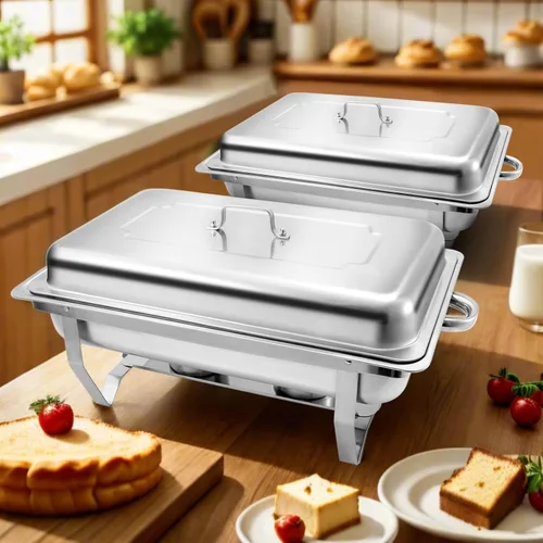 Miniatura 2 de Juego de 2 Platos Calentadores de Acero Inoxidable de Tamaño Completo de 8 Cuartos de Galón para Buffet, Juego de Calentador Rectangular Plateado