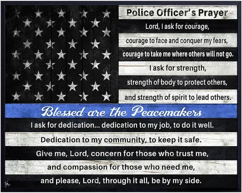 Arte de pared de oración de la policía GRANDE 11x14 - Decoración patriótica de la bandera americana de línea azul delgada - Arte de pared cristiano