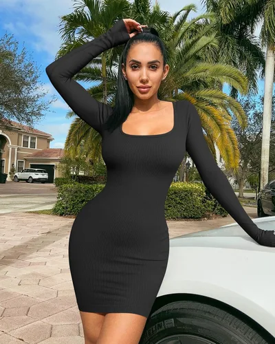 Miniatura 5 de OQQ Vestidos de 2 piezas para mujer, sexy, acanalado, manga larga, cuello cuadrado, mini vestido