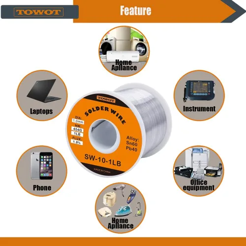 Miniatura 4 de TOWOT Alambre de soldadura con núcleo de colofonia de estaño y plomo para soldadura eléctrica, contenido 1.8% flujo de soldadura Sn60-Pb40
