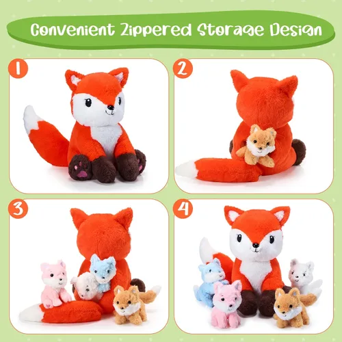 Miniatura 5 de HyDren Juego de 5 juguetes de peluche de zorro de 14 pulgadas con 4 lindos zorros de peluche en el abdomen, suaves peluches de zorro para baby