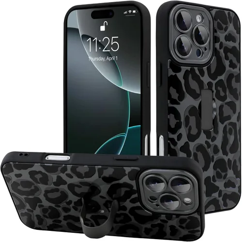 Miniatura 78 de Funda diseñada para iPhone 17 Pro Max con soporte plegable y correa para dedos, bonito patrón de lazo de corazón de flor rosa para mujeres y niñas