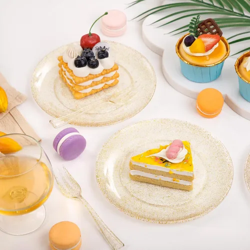Miniatura 8 de Festiva 200 platos de postre dorados con purpurina de 6.3 pulgadas con tenedores de 5 pulgadas, platos pequeños de plástico para postre, pasteles