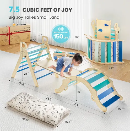 Miniatura 4 de BlueWood Conjunto de Triángulo Pikler con Cojín, Juguetes de Escalada 8 en 1 para Niños Pequeños, Gimnasio de Juegos de Filosofía Montessori