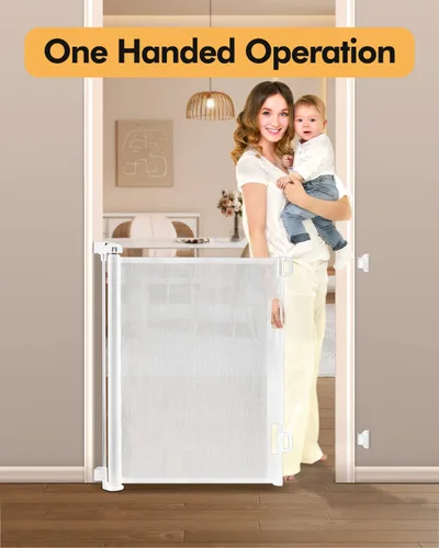 Miniatura 3 de Puerta retráctil para bebés para escaleras y puertas, 55 pulgadas de ancho x 33.6 pulgadas de alto, puerta de malla para perros de fácil instalación