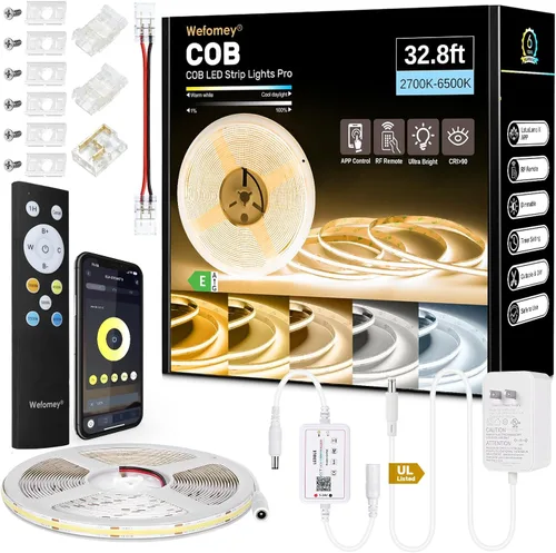 Miniatura 10 de Wefomey - Tira de luz LED COB blanca, 16.5 pies regulable 2700K-6500K de alta densidad 3100LEDs 24V, cinta de LED flexible con control remoto y APP