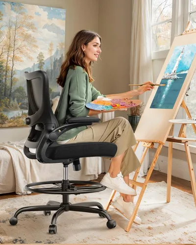 Miniatura 6 de Marsail Silla de dibujo, silla de oficina alta con soporte lumbar 2D, silla de escritorio de pie, silla de oficina alta con reposabrazos abatibles