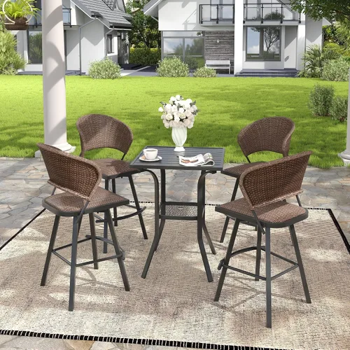 Miniatura 7 de VICLLAX Mesa de altura de barra para patio, mesa de bistró cuadrada para exteriores con agujero para paraguas, marco de metal y diseño de listones