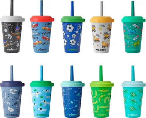 REDUCE GoGo's - Vasos Tumbler Portátiles para Niños con Tapas y Popotes a Prueba de Derrames - Paquete de 10 Vasos Apilables de 12 oz con Tapas de