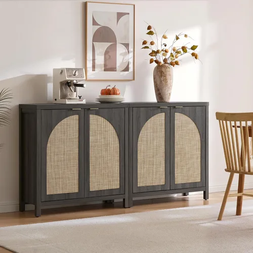 Miniatura 4 de SICOTAS Juego de 3 aparadores de ratán de 102 pulgadas de ancho, armario de almacenamiento moderno Credenza con puertas de arco y estantes, Roble
