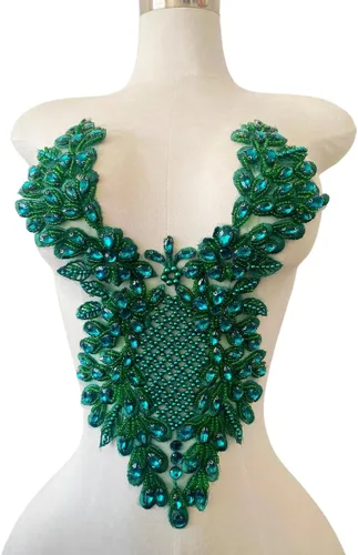 Apliques de encaje hechos a mano con diamantes de imitación para coser a mano, parches para ropa de vestir, falda y escote (verde profundo)