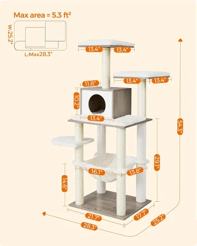 Miniatura 6 de Feandrea Árbol para gatos, torre moderna de 54.3 pulgadas para gatos de interior, condominio para gatos de varios niveles, felpa ultrasuave, postes