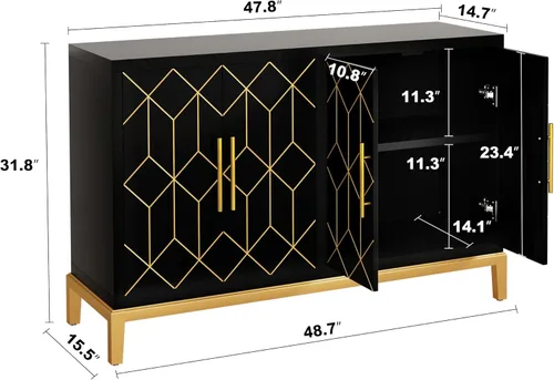 Miniatura 2 de HLR Gabinete de Acento con 4 Puertas y Estantes, Gabinete Aparador Buffet con Ribete Dorado, Almacenamiento Negro Moderno para Sala de Estar