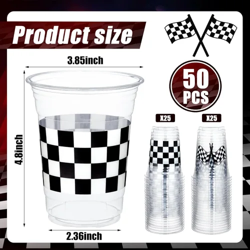 Miniatura 2 de peony man 50 vasos de plástico para fiestas de carreras a cuadros, de 16 onzas, color blanco y negro, con bandera a cuadros, vasos desechables