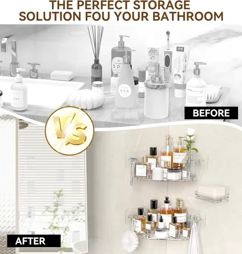Miniatura 2 de Organizador esquinero para ducha, paquete de 3 unidades, acrílico transparente Large Capacity, Corner Shower Shelves with Soap Holder and Hooks