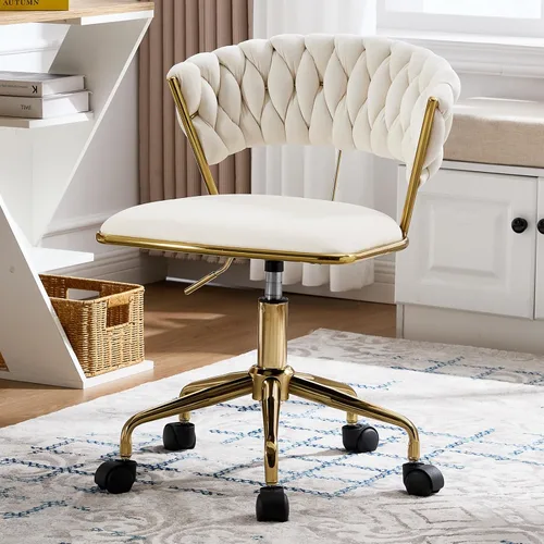 NIOIIKIT Silla de oficina en casa, silla tapizada de terciopelo con respaldo abierto tejido, silla de escritorio giratoria de 360° con ruedas, silla