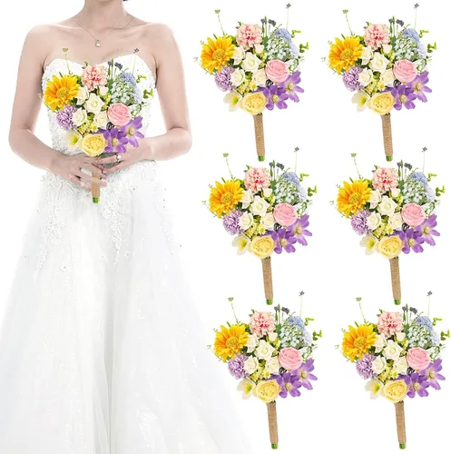 Miniatura 8 de Juego de 4 ramos para dama de honor para boda - Ramos de flores artificiales de 7 pulgadas para decoración de centros de mesa de ceremonia y Azul