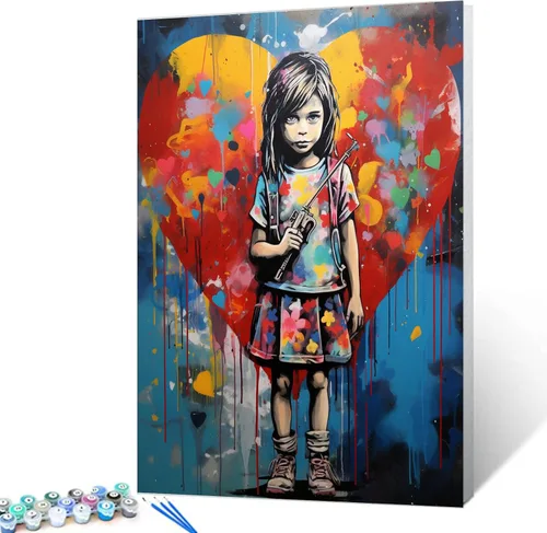 Miniatura 17 de Tucocoo Kits de pintura de globos coloridos por números con pinceles y pigmento acrílico sobre lienzo para adultos, cuadro de calle Banksy Little