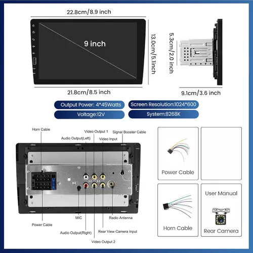Miniatura 7 de Radio AM de 9 pulgadas de un solo DIN para automóvil con Carplay inalámbrico Android Auto, pantalla táctil IPS estéreo para automóvil con enlace