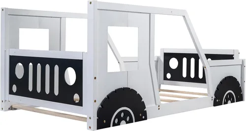 Miniatura 9 de Cama de piso tamaño individual con ruedas, marco de cama Montessori con valla y puerta, cama individual de madera maciza para niños y niñas
