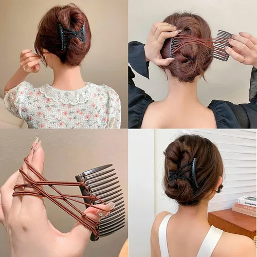 Miniatura 4 de 6 peines elásticos dobles para el cabello, accesorios mágicos ajustables para hacer moños sin arrugas, accesorios para mujer, rizados, gruesos