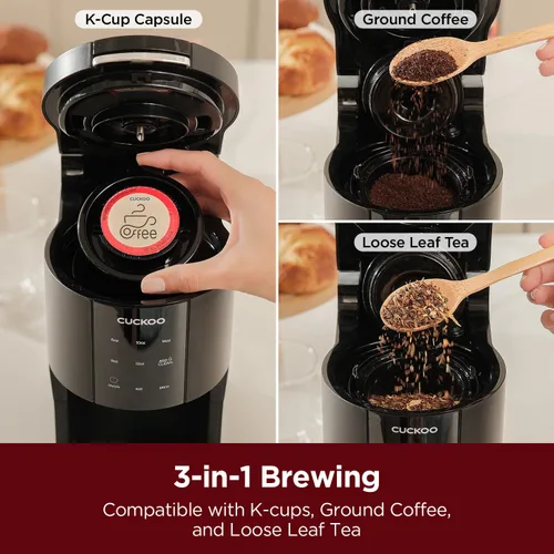 Miniatura 2 de CUCKOO Cafetera de una sola porción para granos molidos K-Cup y té de hojas sueltas, versátil cafetera de cápsulas 3 en 1, pequeña máquina de taza