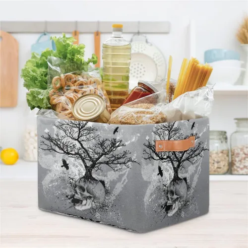 Miniatura 8 de Cesta de almacenamiento de calavera de Halloween, contenedor de almacenamiento plegable de cuervo de árbol de acuarela con asa de tela, caja