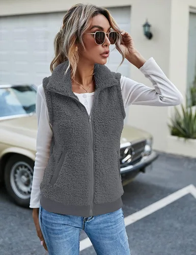 Miniatura 2 de LOMON Chaleco de forro polar mullido para mujer, casual, cálido, sin mangas, con cremallera, con bolsillos, para otoñoinvierno