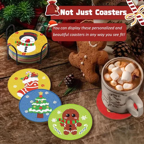 Miniatura 4 de FOWSEEK 8 Piezas Posavasos de Arte de Pintura de Diamantes de Navidad, Kit de Posavasos de Arte de Diamante DIY con Soporte para Adultos