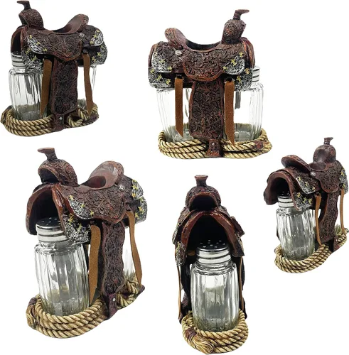 Miniatura 4 de Urbalabs Western Saddle Wagon Wheel Spur and Belt Country Star Cowboy Roper Star - Salero y pimentero con hebilla de estrella, carrito para mesa