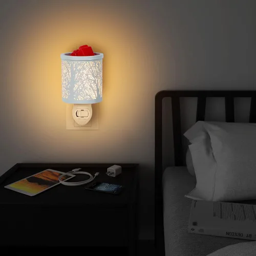 inrorans Calentador de Cera enchufable de Metal Blanco con Patrón de Árbol Calentador de Pared para Cera Perfumada con Bandeja Removible Calentador