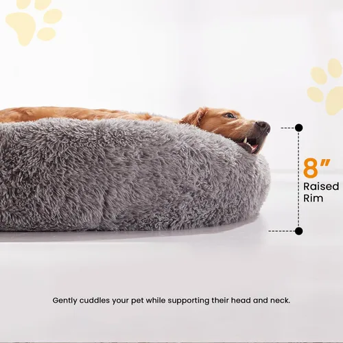 Miniatura 5 de Camas calmantes para perros grandes, cama para perros de dona acogedora de piel sintética, almohada redonda y esponjosa, cama lavable para perros