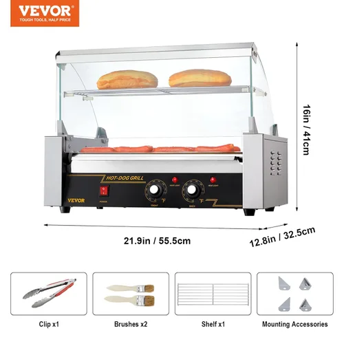 Miniatura 7 de VEVOR - Parrilla de rodillos para hot dogs y salchichas, de acero inoxidable, 1050 W, control doble de temperatura, tapa acrílica, bandeja