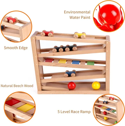 Miniatura 4 de Qilay Juguete de carreras de madera para niños pequeños, juego de rampa de coche de carreras de 5 niveles incluye 4 autos de madera y 3 pelotas